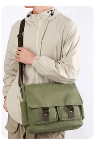 Detail of army green canvas messenger bag with double front pockets and brown strap