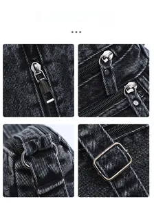 Dettagli della trama del denim, delle cerniere metalliche e dei rivetti vintage della borsa