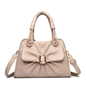 Beige bow-style tote bag with pleated leather design and gold hardware on white background