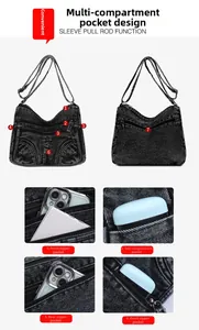 Dettaglio della borsa a tracolla in denim con diversi scomparti per l'organizzazione