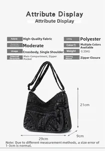 Dettaglio della borsa a tracolla in denim antracite con dimensioni e tasche multiple