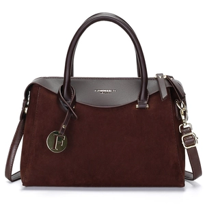Retro deep brown Boston handbag with suede texture and gold fashion lettering