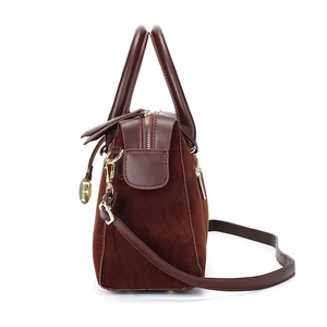 Retro dark brown Boston handbag in mixed leather and suede with gold hardware and dual handles