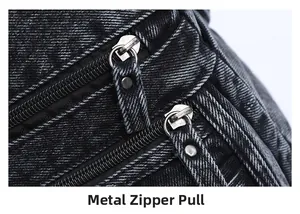 Dettaglio delle doppie cerniere metalliche sulla borsa a tracolla in denim grigio scuro