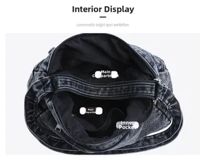 Struttura interna della borsa in denim con due tasche principali e scomparto con zip