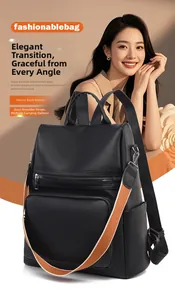 Detail of lychee textured leather backpack with anti-theft back zipper and stylish straps