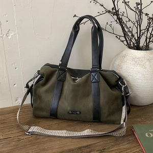 Women Casual Large Capacity Suede Tote Bag Retro Handbag Shoulder Messenger Bag With Woven Strap Contrast Leather Satchel Bag