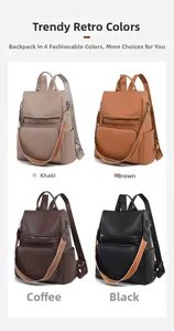 Detail view of four large leather backpacks in khaki, brown, coffee, and black options