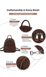 Detail view of brown corduroy backpack with leather handle and metal zippers