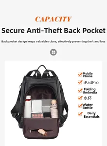 Internal view of a black leather backpack showing capacity for iPad, umbrella, and bottle