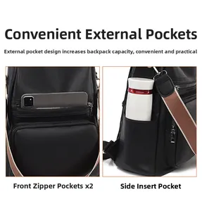 Close-up of black pebbled leather backpack showing two front zipper pockets and a side pocket