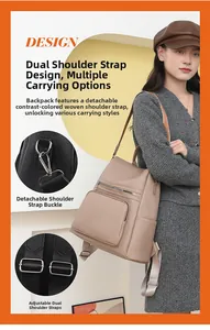 Detail of detachable knitted shoulder strap and silver hardware on a beige PU backpack