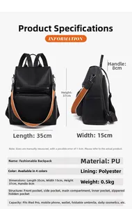 Detailed size chart showing dimensions 35x15x37cm for the PU leather backpack