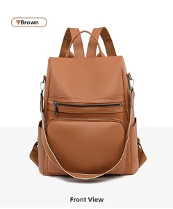 Front view of brown PU leather backpack for women featuring lychee texture and zip pockets