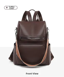 Detail view of brown PU leather anti-theft backpack for women with wide woven strap