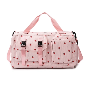 Large Capacity Corduroy Travel Bag Women Strawberry Print Weekend Duffel Bag With Shoe Compartment Wet Dry Separation Fitness Yoga Handbag
