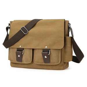 Retro khaki canvas messenger bag for men with multiple pockets and adjustable strap