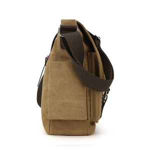 Khaki canvas messenger bag with large capacity and side pockets for men's casual wear