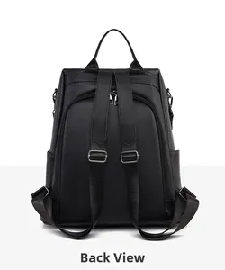 Rear view of black PU leather anti-theft backpack with side pockets and metal hardware