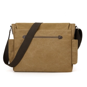 Vintage khaki canvas messenger bag with multiple pockets and adjustable brown shoulder strap