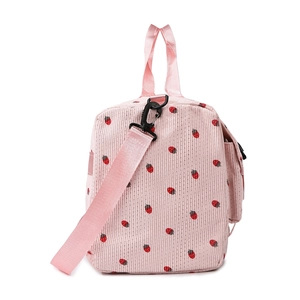 Pink corduroy duffle bag with strawberry pattern and detachable shoulder strap