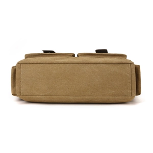 Durable khaki canvas crossbody bag with multi-pocket design and reinforced bottom