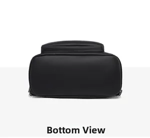 Detailed bottom view of large capacity black PU leather backpack showing reinforced base
