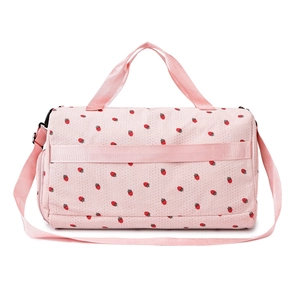 Pink strawberry print large capacity travel bag with luggage sleeve and shoulder strap