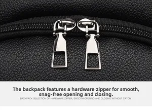 Macro detail of smooth silver dual metal zippers on black litchi pattern leather backpack