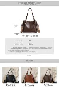 Detailed dimensions of large capacity PU tote bag with wide strap and color options