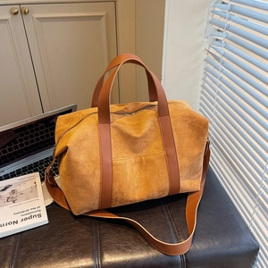 Bolso tote retro de ante marrón para mujer con gran capacidad y asas de cuero liso