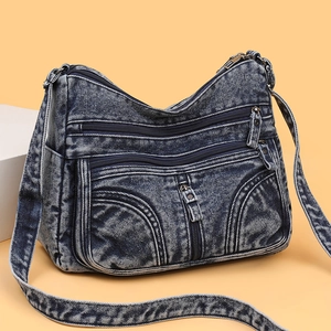 Borsa A Tracolla In Denim Lavato Vintage Da Donna Retro Casual Grande Capacità Con Cerniera Multitasche Streetwear