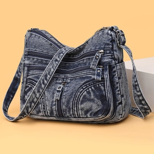 Borsa a tracolla in denim blu lavato retrò con tasche multiple e tracolla regolabile