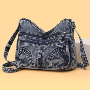 Borsa a tracolla retrò in denim lavato blu scuro con tasche multiple con cerniera e tracolla