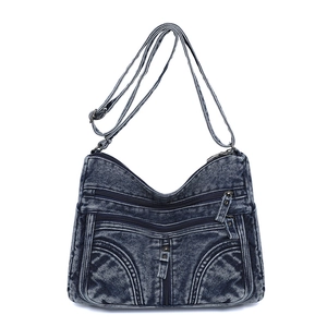 Borsa a tracolla in denim lavato vintage con tasche con zip e tracolla regolabile