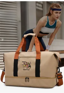 Detail of travel bag with separate wet-dry compartment and functional bottom shoe pocket