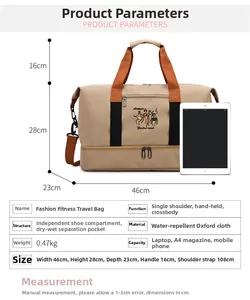 Detailed size chart for travel bag with dimensions 46x28x23cm and shoe compartment