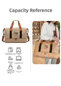 Detailed capacity view of travel bag showing storage for clothes shoes and laptop
