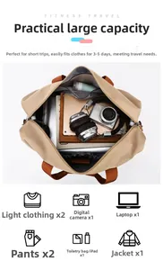 Spacious khaki travel bag interior showing wet/dry separation for short trips and gym use