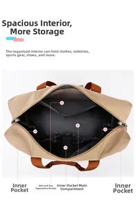 Detail view of khaki travel bag interior showing dry-wet separation and multi-pocket storage