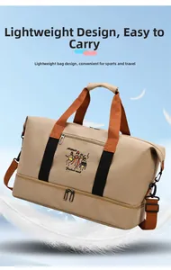Macro shot of khaki travel bag showing separate bottom zipper compartment and logo