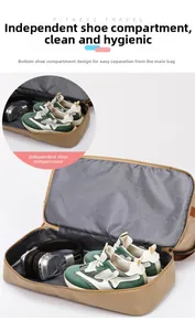 Detail view of khaki travel bag featuring a separate bottom compartment for shoes and gear