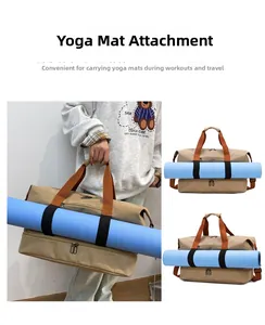 Detail of khaki fitness bag featuring orange handles and elastic straps for yoga mat storage