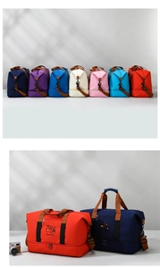 Travel bag detail showing seven colors and functional bottom shoe compartment layout