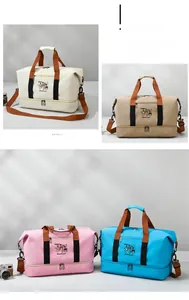 Detail view of canvas travel bags in multiple colors with dry-wet separation pocket
