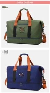 Detail view of large travel bags in green and dark blue with independent shoe compartment