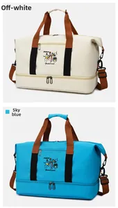 Detail of travel duffle bags in cream and sky blue with dual handles and shoe compartment