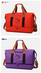 Detail of travel bags in purple and watermelon red with wet-dry separation base compartment
