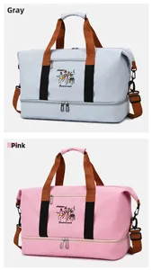 Dual-view of grey and pink travel bags showing detachable straps and waterproof fabric