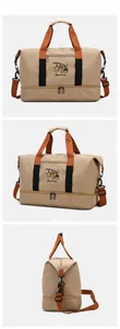 Multi-angle view of travel duffel bag with bottom compartment and adjustable shoulder strap